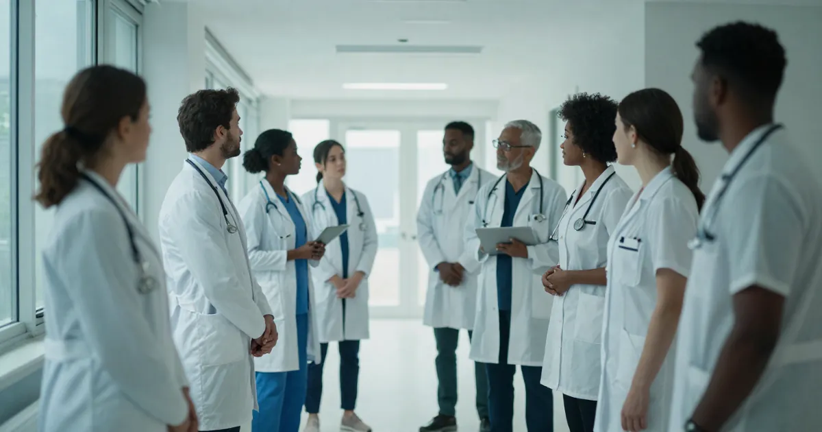 Doctors and nurses in white coats meeting in a bright hospital corridor