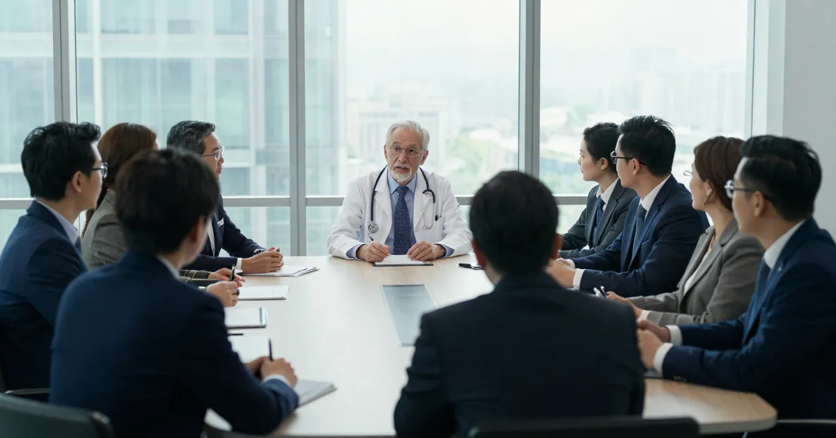 Senior physician leading a discussion with a pharma team around a boardroom table