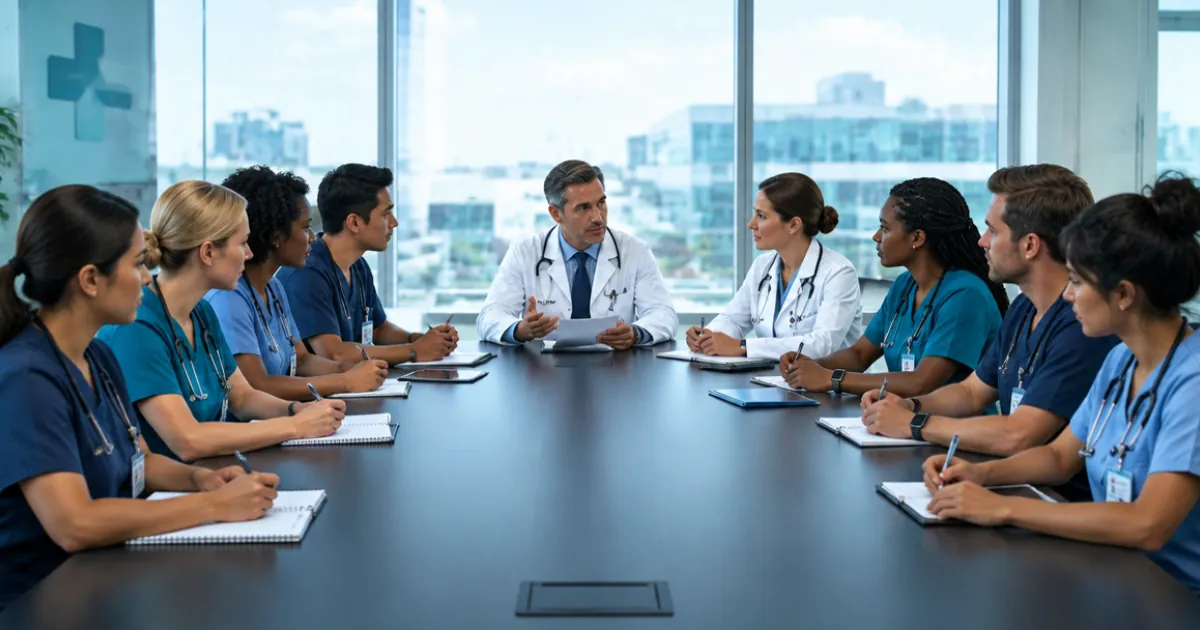 Physician moderating an advisory board meeting while healthcare professionals take notes